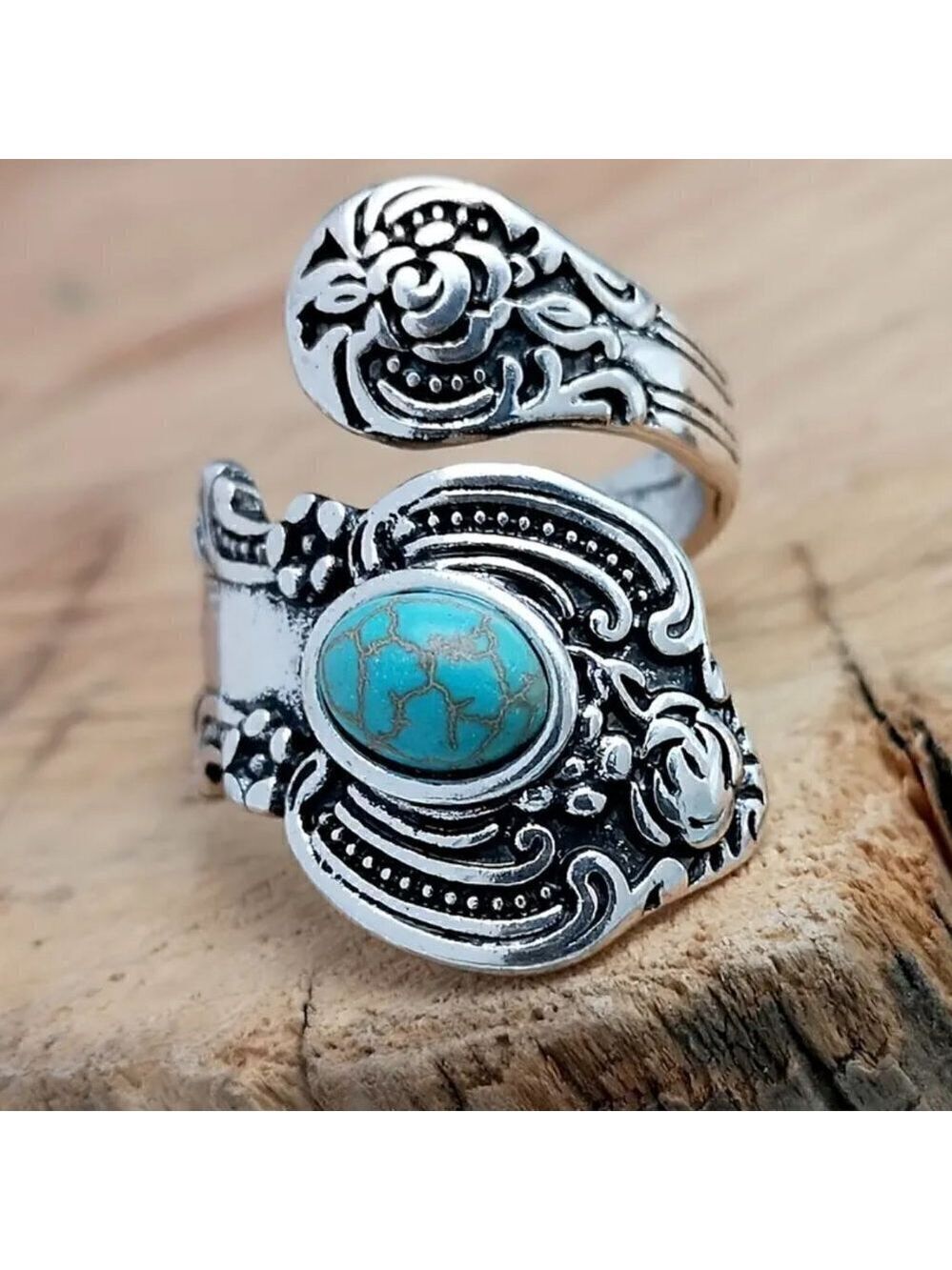 Boho Rose and Flowers with Faux Turquoise Adjustable Spoon Ring #1221 - Picture 3 of 16